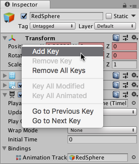 Right-click the name of an animatable property to perform keying operations
