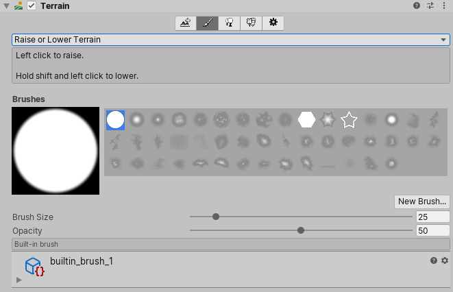 Raise or Lower Terrain tool in the Terrain Inspector