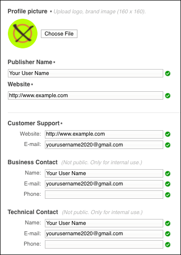 The Profile section lets you add contact information