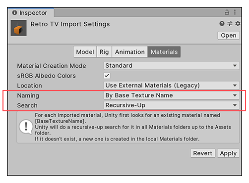 Import settings for Use External Materials (Legacy)