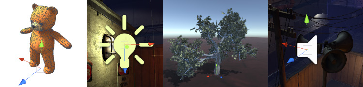 Four different types of GameObject: an animated character, a light, a tree, and an audio source