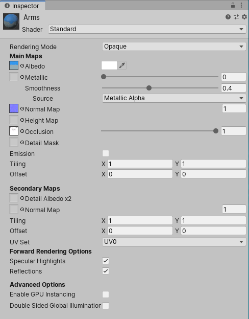 The Inspector window displaying the settings for a Material Asset