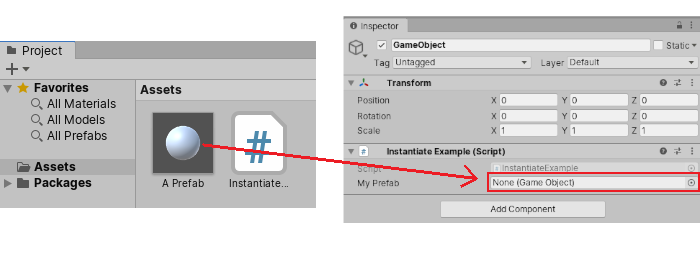 Dragging a Prefab from the Project window into the My Prefab field in the script component