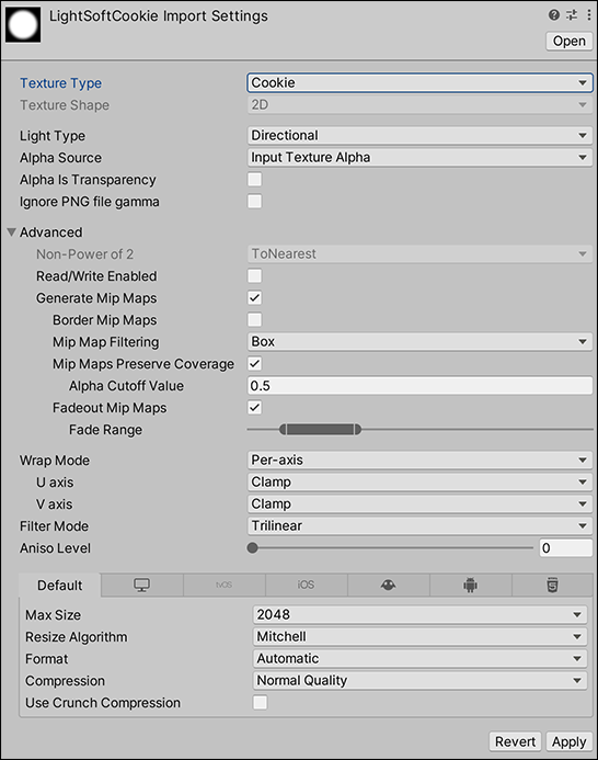 Settings for the Cookie Texture Type