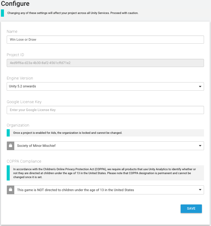 Project Service Settings section of the Analytics Configure page