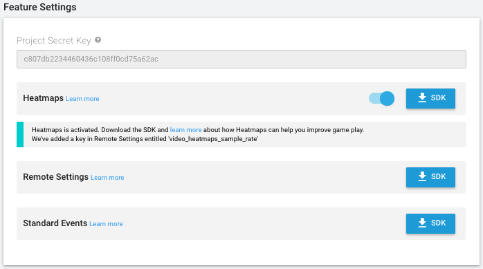 Feature Settings section of the Analytics Configure page