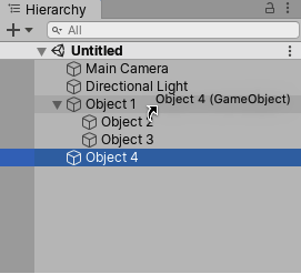 In this image, Object 4 (selected) is being dragged onto the intended parent GameObject, Object 1 (highlighted in a blue capsule).