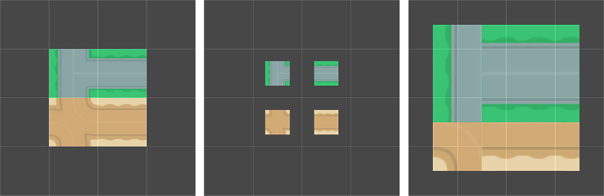 Left: Sprites set to 64 PPU. Middle: Same Sprites set to 128 PPU. Right: Sprites set to 32 PPU.