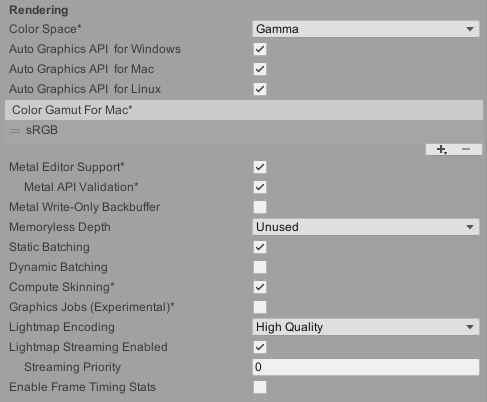 Rendering Player settings for Standalone platforms