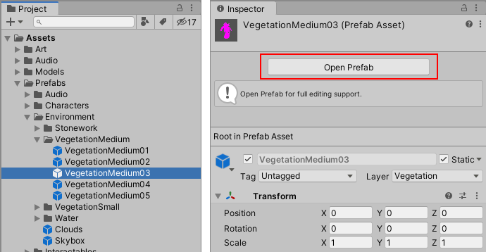 A Prefab Asset selected in the Project window (left), and the Open Prefab button visible in the inspector (right)
