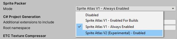Setting Sprite Packer Mode to Sprite Atlas V2 Experimental.