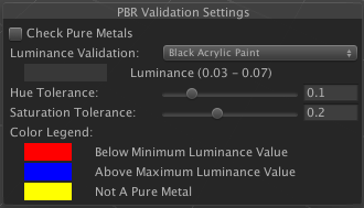 The PBR Validation Settings when in Validate Albedo mode, which appear in the scene view