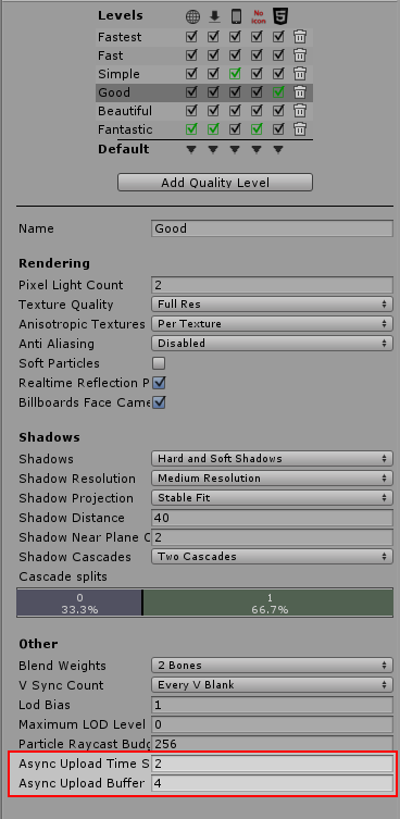 The Async Upload settings in the Quality settings