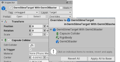 Overrides dropdown for a Prefab Variant when editing the Prefab Variant in Prefab Mode