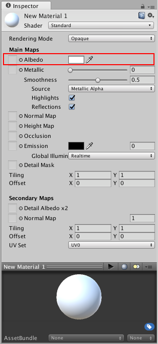 A Standard Shader material with default parameters and no values or textures assigned. The Albedo Color parameter is highlighted.