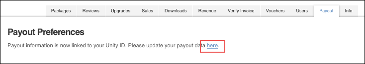 Click the link on the Payout tab to go to your Unity ID