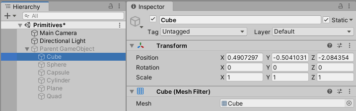 The selected GameObject (Cube) is set as active, but remains inactive because its parent is set to inactive