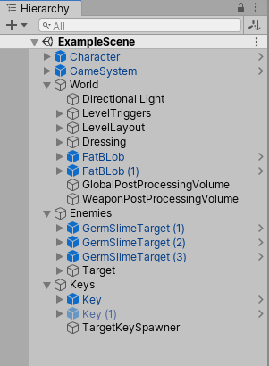 Example of a Parent-Child hierarchy. GameObjects with foldout arrows to the left of their names are parents.