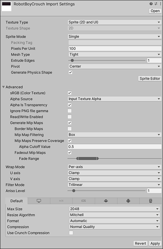 Settings for the Sprite (2D and UI) Texture Type