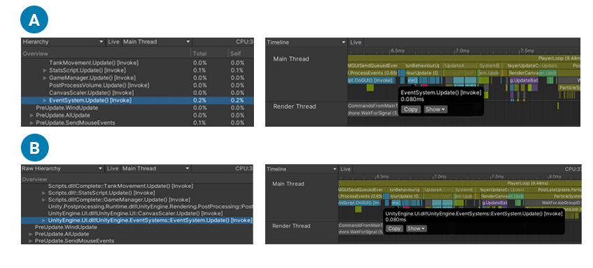 A: Scripting methods in the Hierarchy view and Timeline view without Show Full Scripting Method Names enabled<br/> B: Scripting methods in the Hierarchy view and Timeline view with Show Full Scripting Method Names enabled