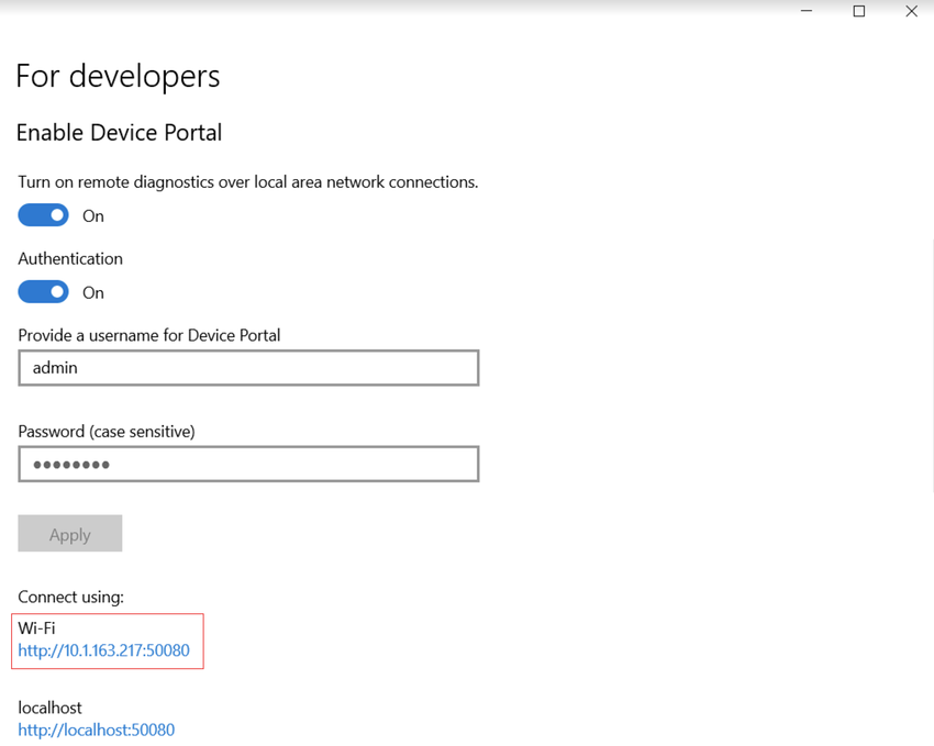 Device Portal wi-fi and localhost addresses in the Windows Developer settings