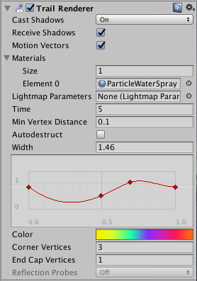 A Trail Renderer component as it appears in the Inspector window, set up to create a multicoloured trail that gets thinner and then much wider 