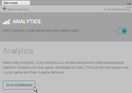 The Go To Dashboard button in the Analytics section of the Services window