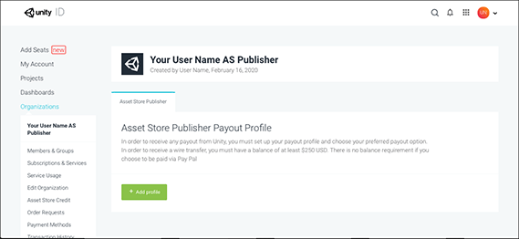 Your Unity ID AS Publisher page appears with an Add profile button if you havent set up your payout profile yet