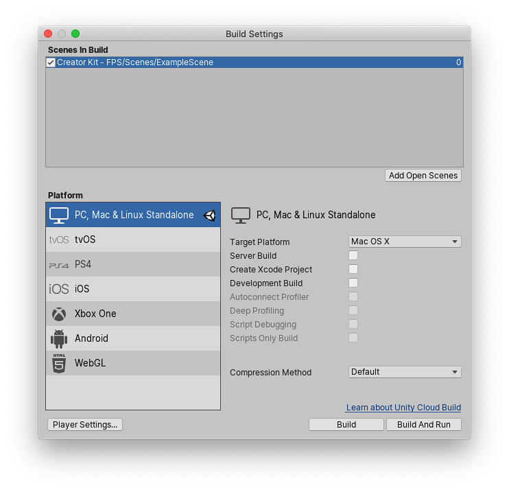 Build Settings window with PC, Mac & Linux selected as the target platforms