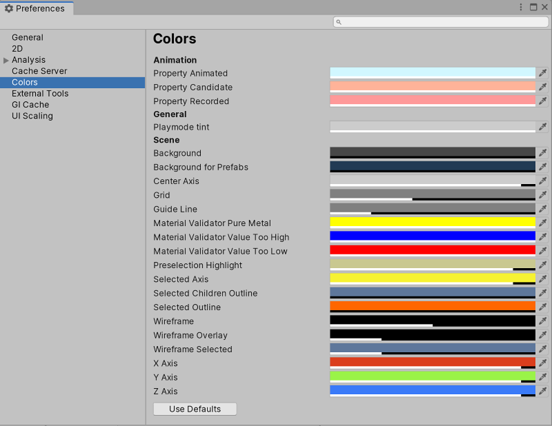 Colors scope on the Preferences window