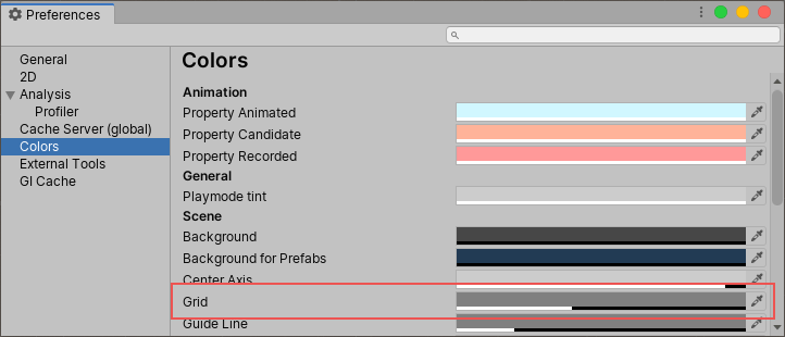 The grid preference properties on the Preferences page