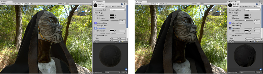 Before and after applying an occlusion map. The areas that are partially obscured, particularly in the folds of fabric around the neck, are lit too brightly on the left. After the ambient occlusion map is assigned, these areas are no longer lit by the green ambient light from the surrounding wooded environment.