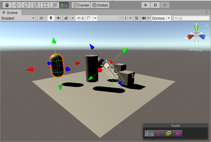 In the above example, the Component Editor Tools panel contains buttons for custom tools that affect either the selected light, the selected capsule, or both. It does not contain buttons for global tools.