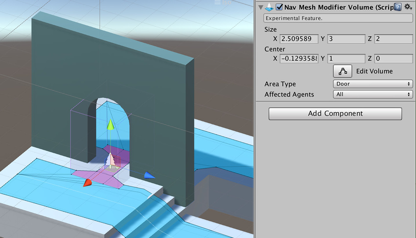 A NavMesh Modifier Volume component open in the Inspector window