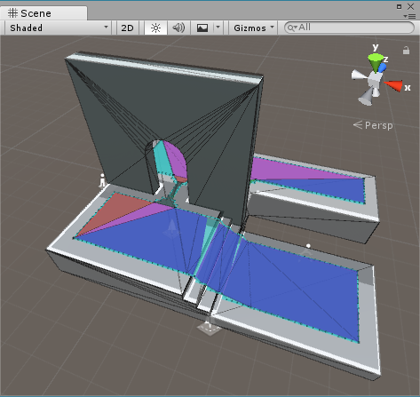 Input Geometry, Regions, Polygonal Mesh Detail and Raw Contours shown after building the NavMesh with debug options