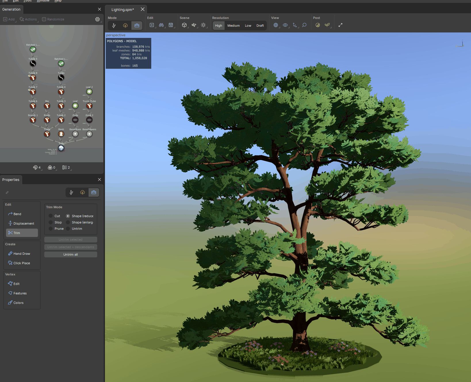 Animation showing a tree reshaped by cutting branches with the Trim brush