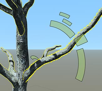 The Art Director gizmo edits the parent curve of a highlighted branch. The gizmo is green, showing that only the first parent curve is edited.