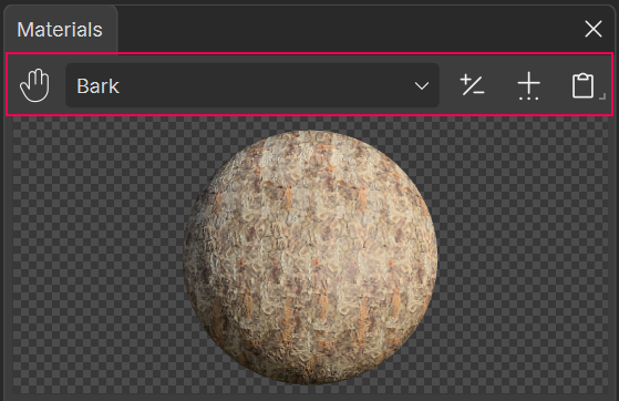 The **Bark** asset is shown. **Materials** is the common group at the top.