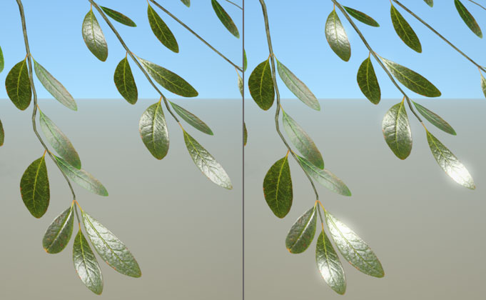 A branch with leaves that reflect light brightly and unrealistically and a branch with leaves that reflect leaves less brightly and more realistically.