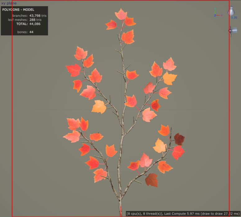 An orthographic view of a tree branch, demonstrating the suggested camera perspective when using clusters.