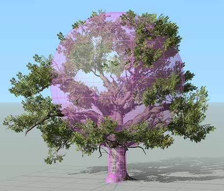 A tree with a spherical Collision Object applied over it.