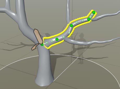 A tree in the Tree Window in node editing mode. The hand-drawn branch is selected and has a series of linked dots (control points) along the spine.