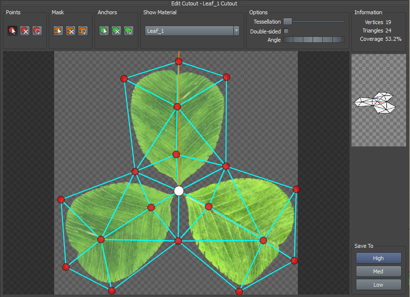 The Cutout Editor with a pivot point in the center of three leaves with vertices and triangles.