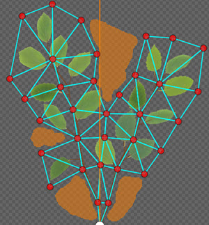 A mesh in the Cutout Editor shows its vertices and has a mask painted over certain sections, indicating that these triangles will be removed.