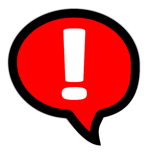 Red speech bubble with white exclamation point.
