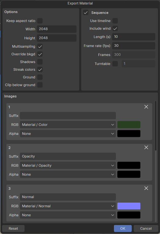 The Export Material window.