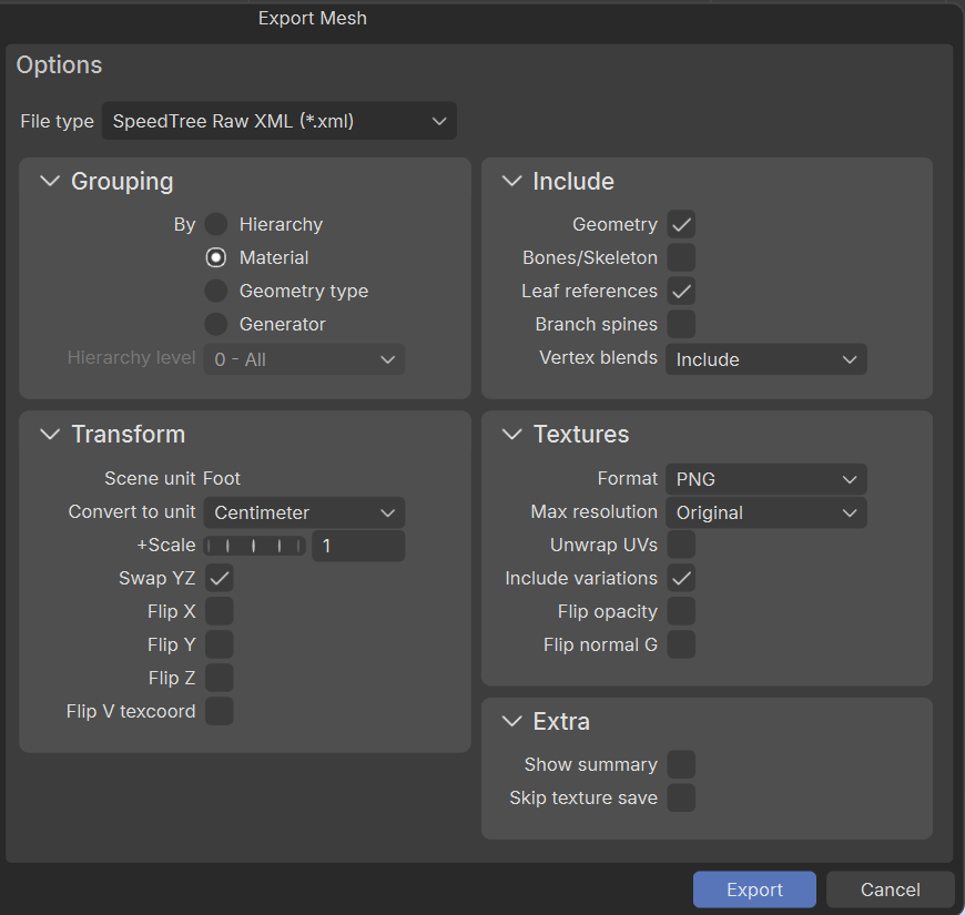 The Export Mesh window.