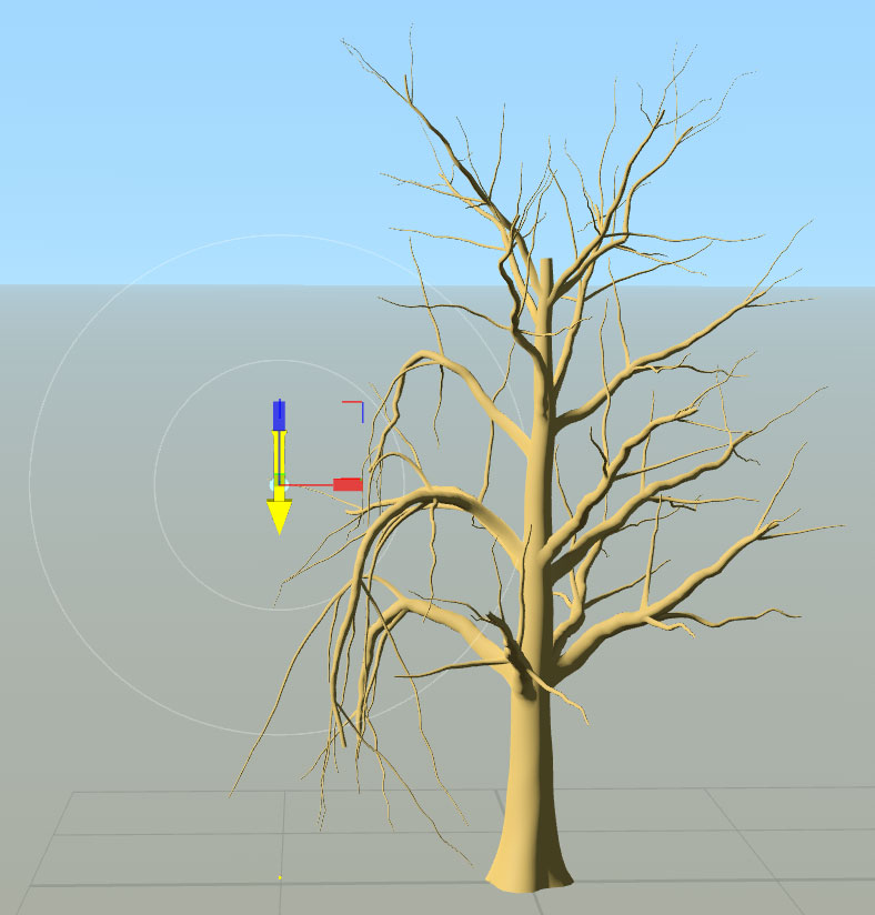 A tree in the Tree Window. The transform gizmo is next to it and has Attenuation properties enabled. The branches of the tree within the gizmo's radius are extremely bent, showing the focus of the Attenuation properties.