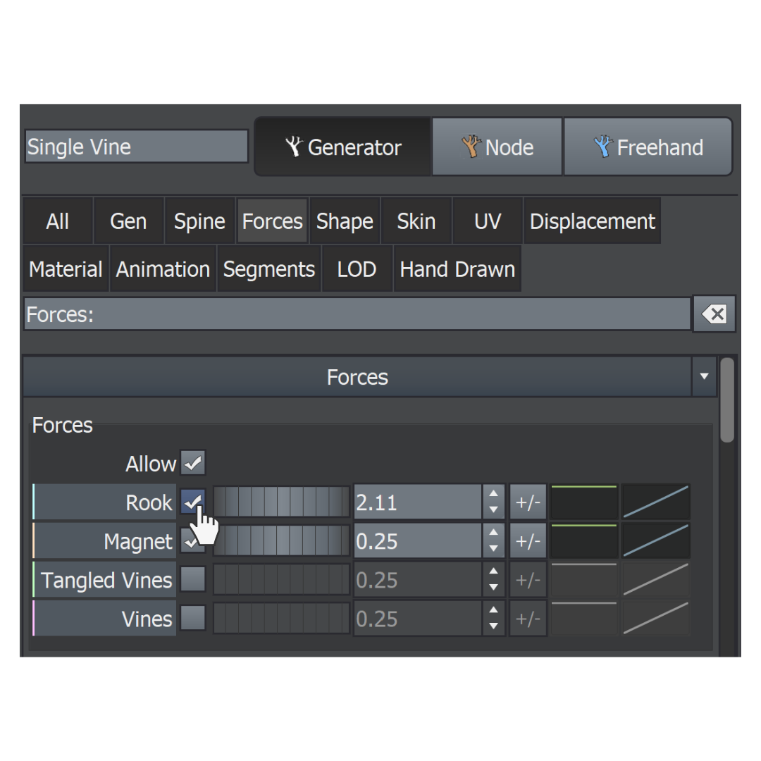 In the Properties window, the "Single Vine" generator enables the Geometry force named "Rook."