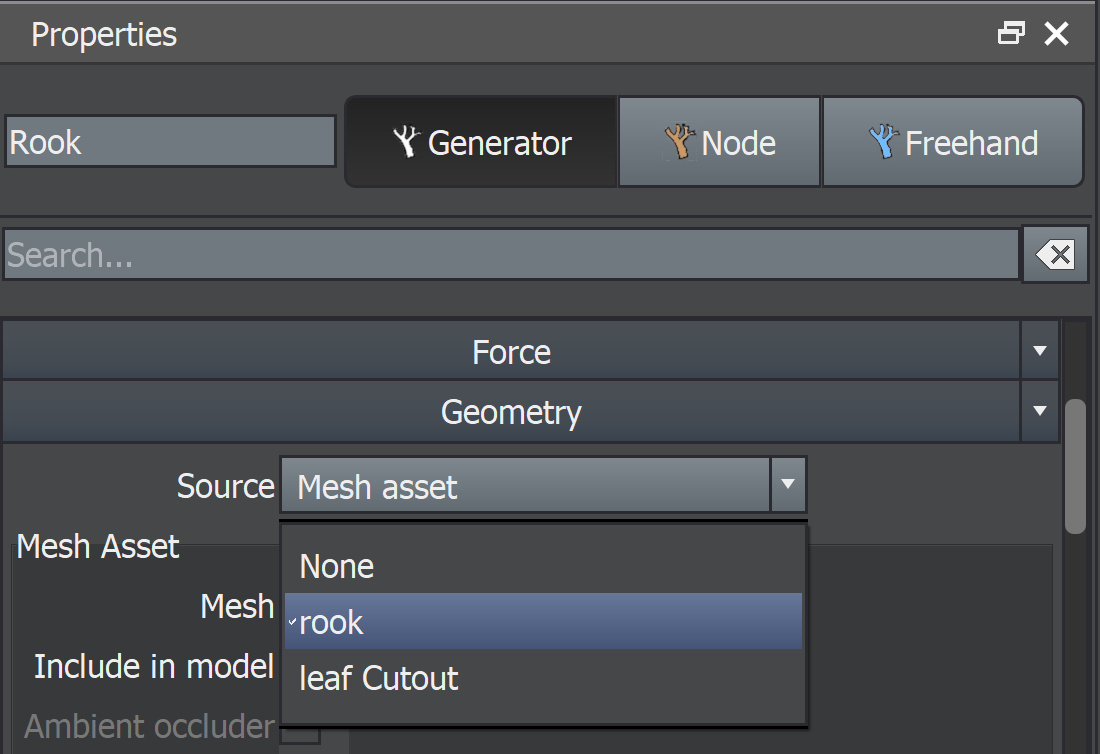 The Properties window. A mesh asset called "Rook" is created.